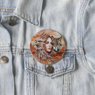 Eagle - Woman - Wolf - watercolor art 1 - Fan Fun 3 Inch Round Button