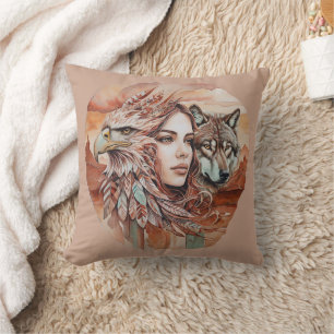 Eagle - Woman - Wolf - watercolor art 1 - Fan Fun Throw Pillow