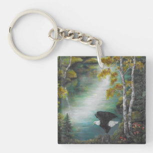 Eagles at the autumn mountain lake oil painting  keychain