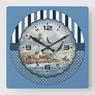 Eagles Flying Around a Lighthouse Square Wall Clock