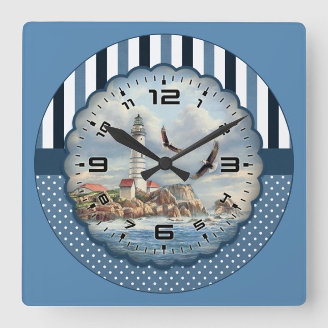 Eagles Flying Around a Lighthouse Square Wall Clock (Front)