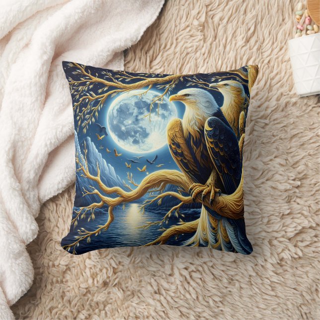 Eagles Perched on Branch Under Moonlit Sky Throw Pillow (Blanket)