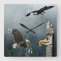 Eagles, Totem Pole & Forest Fantasy Art Clock