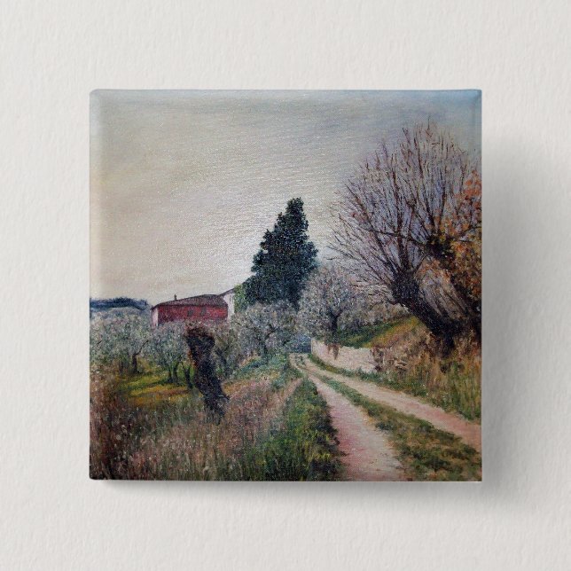 EARLIEST SPRING IN VERNALESE / Tuscany Landscape 2 Inch Square Button (Front)