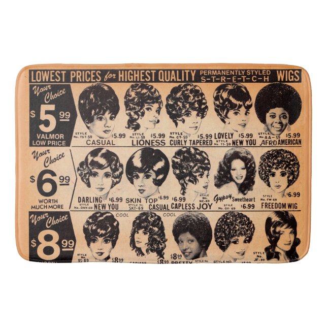 early 1970s wig advertisement bath mat (Front)