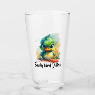 Early bird, kleine grüne Ente fängt den Wurm Glass