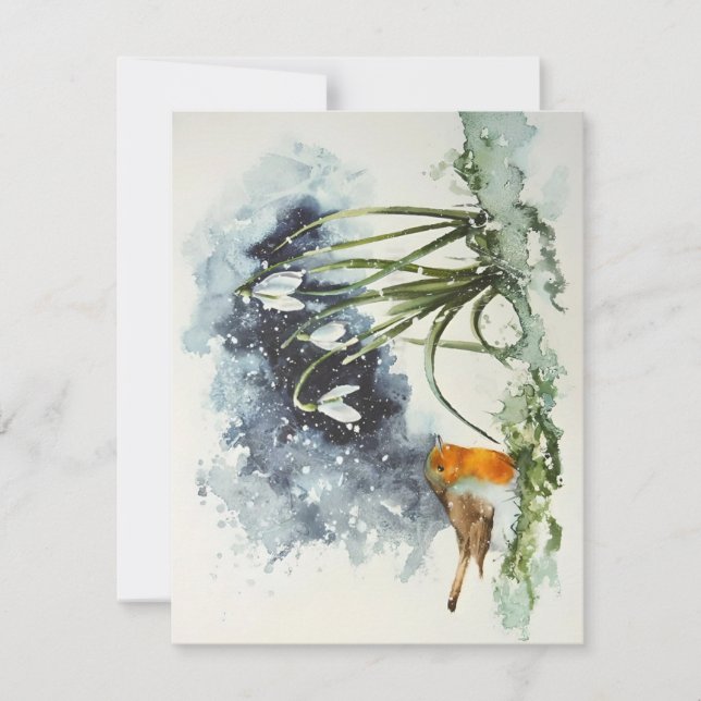 Early Crocus And Bird In Snow Watercolors Holiday Card (Front)