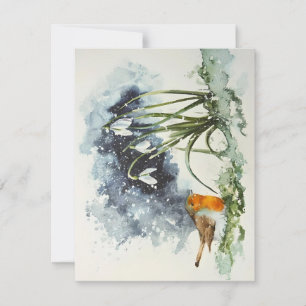 Early Crocus And Bird In Snow Watercolors Holiday Card
