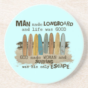 Early Man and Woman Surfing Humor with Longboards Coaster