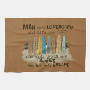 Early Man and Woman Surfing Humour with Longboards Kitchen Towel