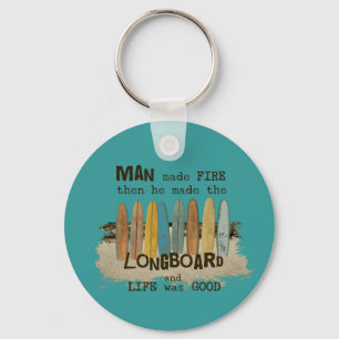 Early Man Surfing Humour with Longboards Keychain