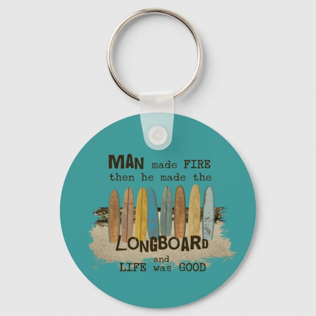 Early Man Surfing Humour with Longboards Keychain (Front)
