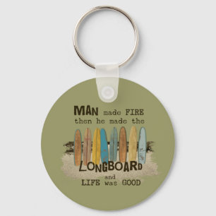 Early Man Surfing Humour with Longboards Keychain