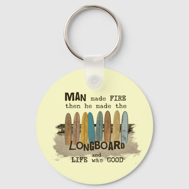 Early Man Surfing Humour with Longboards Keychain (Front)