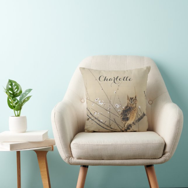 Early Plum Blossoms by Nishimura Goun, Owl Art Throw Pillow (Chair)