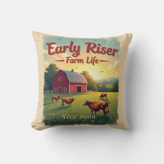 Early Riser Retro Farm Barn Scene Throw Pillow
