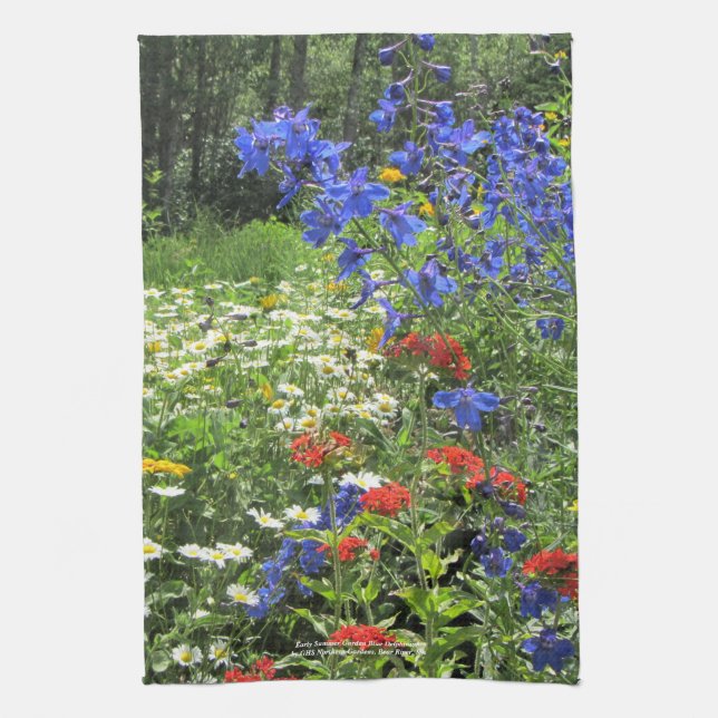 Early Summer Garden Blue Delphinium kitchen towel (Vertical)