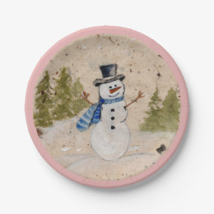Early Winter SnowMan in Top  Hat Waves Hello Paper Plate
