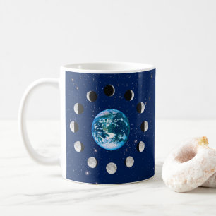 Earth and Moon Phases, on a Background of Stars Coffee Mug