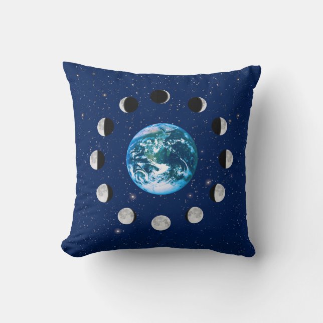 Earth and Moon Phases, on a Background of Stars Throw Pillow (Front)
