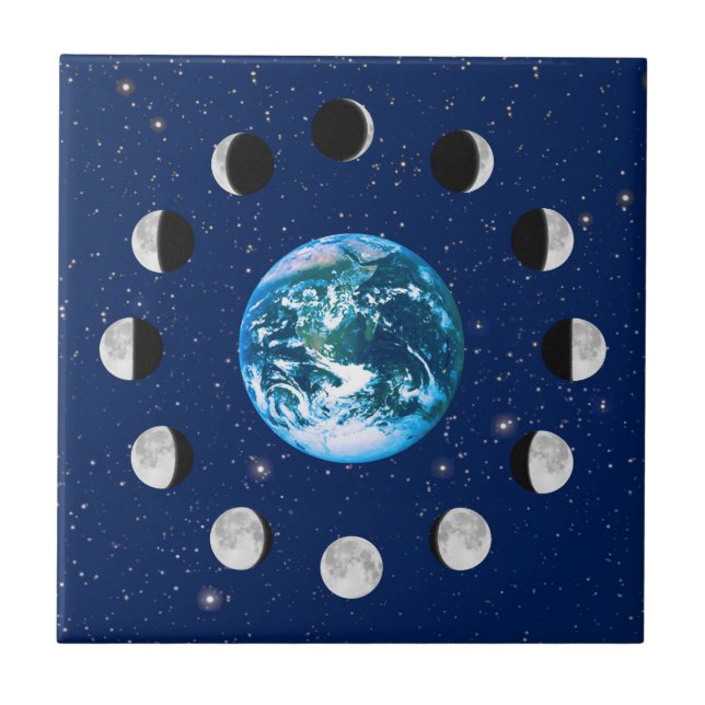 Earth and Moon Phases, on a Background of Stars Tile (Front)