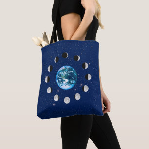 Earth and Moon Phases, on a Background of Stars Tote Bag