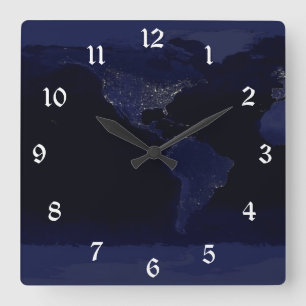 Earth at Night Panoramic city lights from Space Square Wall Clock