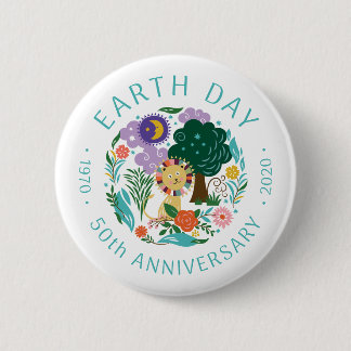 Earth Day 2020 50th Anniversary Cute Lion & Nature 2 Inch Round Button