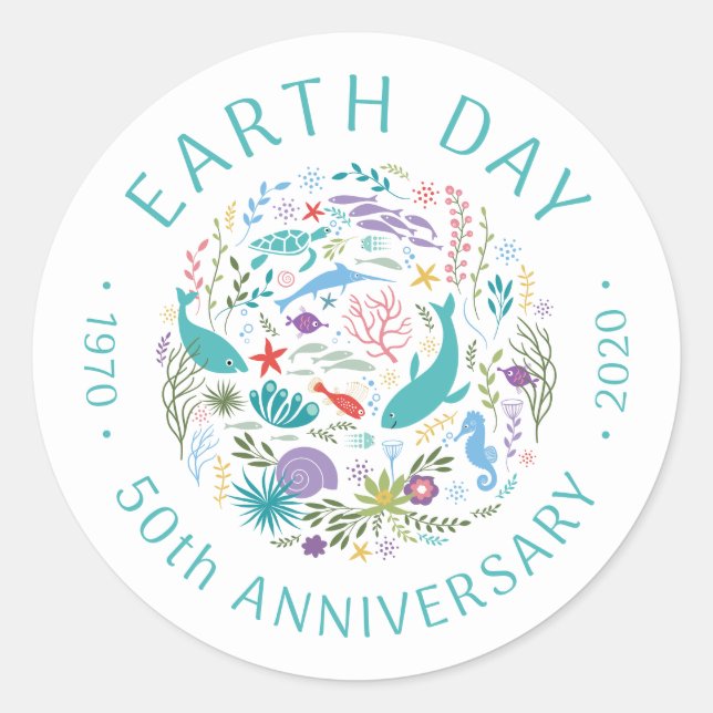 Earth Day 2020 50th Anniversary Sea Animals Fish Classic Round Sticker (Front)