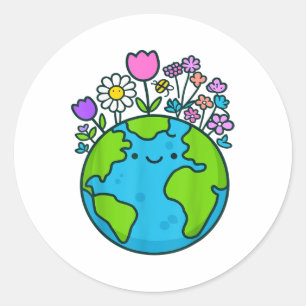 Earth Day 2025 Cute Earth With Floral Funny Design Classic Round Sticker