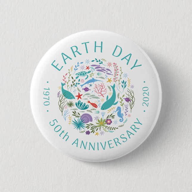 Earth Day 50th Anniversary 1970-2020 Ocean Animals 2 Inch Round Button (Front)