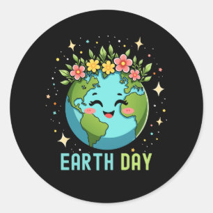 Earth Day Environment Cute Earth With Floral Classic Round Sticker