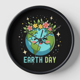 Earth Day Environment Cute Earth With Floral Clock