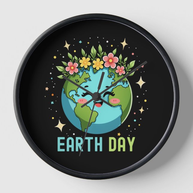 Earth Day Environment Cute Earth With Floral Clock (Front)