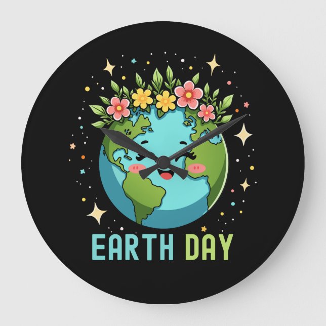 Earth Day Environment Cute Earth With Floral Large Clock (Front)