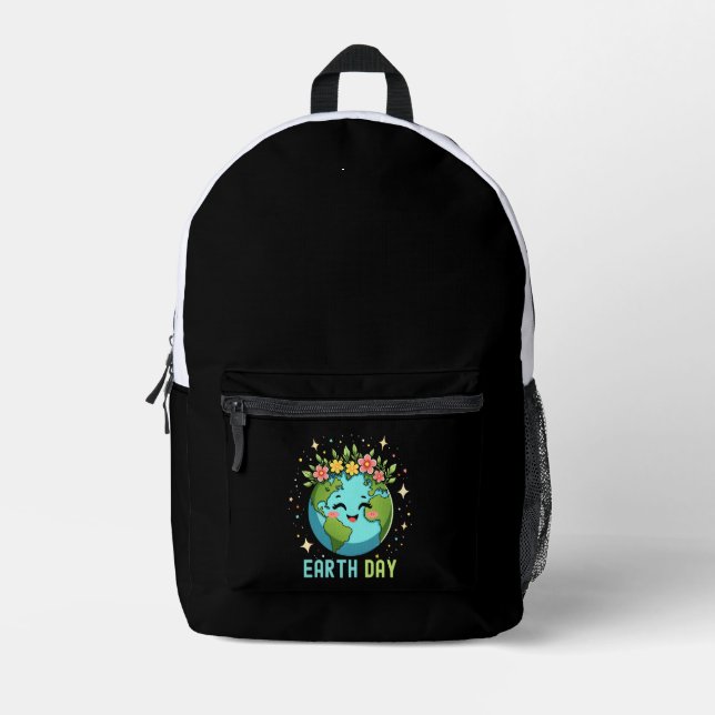 Earth Day Environment Cute Earth With Floral Printed Backpack (Front)