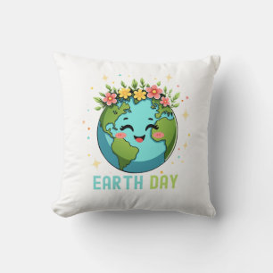 Earth Day Environment Cute Earth With Floral Throw Pillow