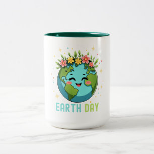 Earth Day Environment Cute Earth With Floral Two-Tone Coffee Mug