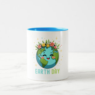 Earth Day Environment Cute Earth With Floral Two-Tone Coffee Mug