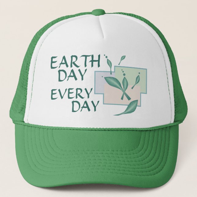 Earth Day Every Day Green Leaves Teal Eco Trees  Trucker Hat (Front)