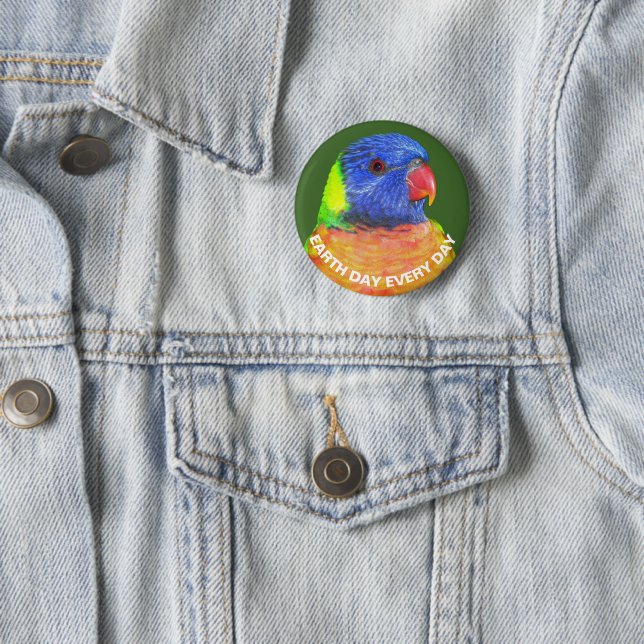 Earth Day Every Day Rainbow Lorikeet Parrot 2 Inch Round Button (In Situ)