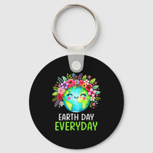 Earth Day Everyday Cute Earth With Flower Earth Da Keychain