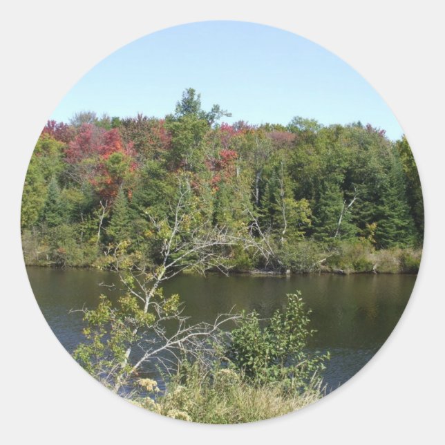 Earth Day Fall Water Scene Classic Round Sticker (Front)