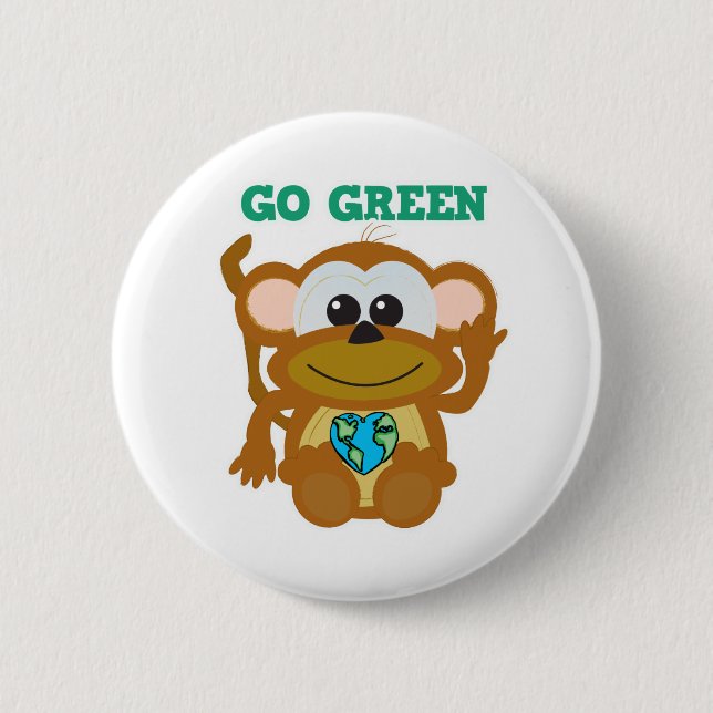 Earth Day Go Green monkey Goofkins 2 Inch Round Button (Front)