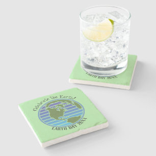 Earth Day Green Blue Globe Map Planet April 22 Stone Coaster