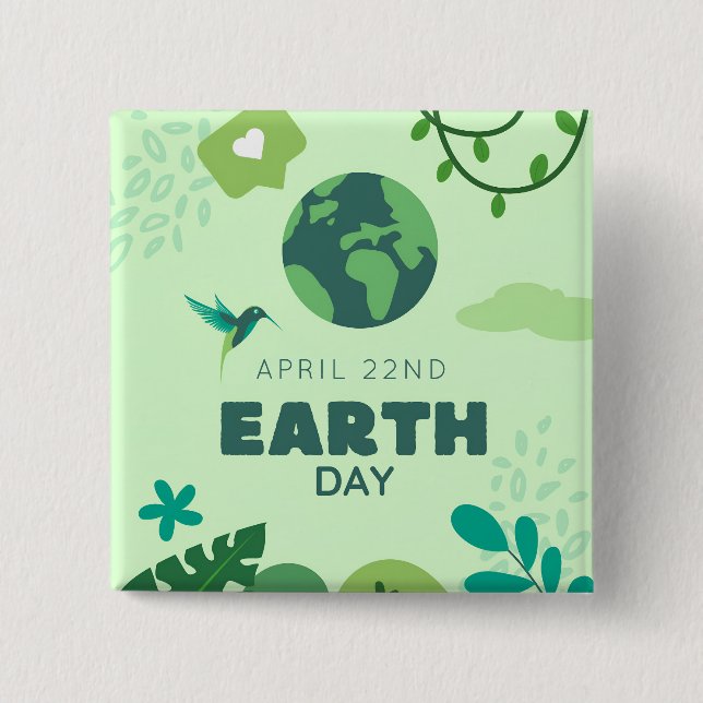 Earth Day Green Globe Plants Nature 2 Inch Square Button (Front)