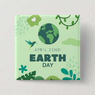 Earth Day Green Globe Plants Nature 2 Inch Square Button