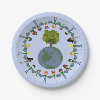 Earth Day Kids with Tree Whimsical Cartoon Art Paper Plate