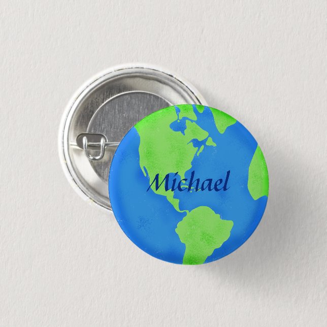 Earth Day Name Badge Globe Blue Green Personalize 1 Inch Round Button (Front & Back)