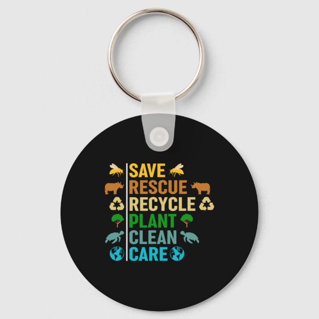 Earth Day Planet Save Bees Rescue Animals Recycled Keychain (Front)